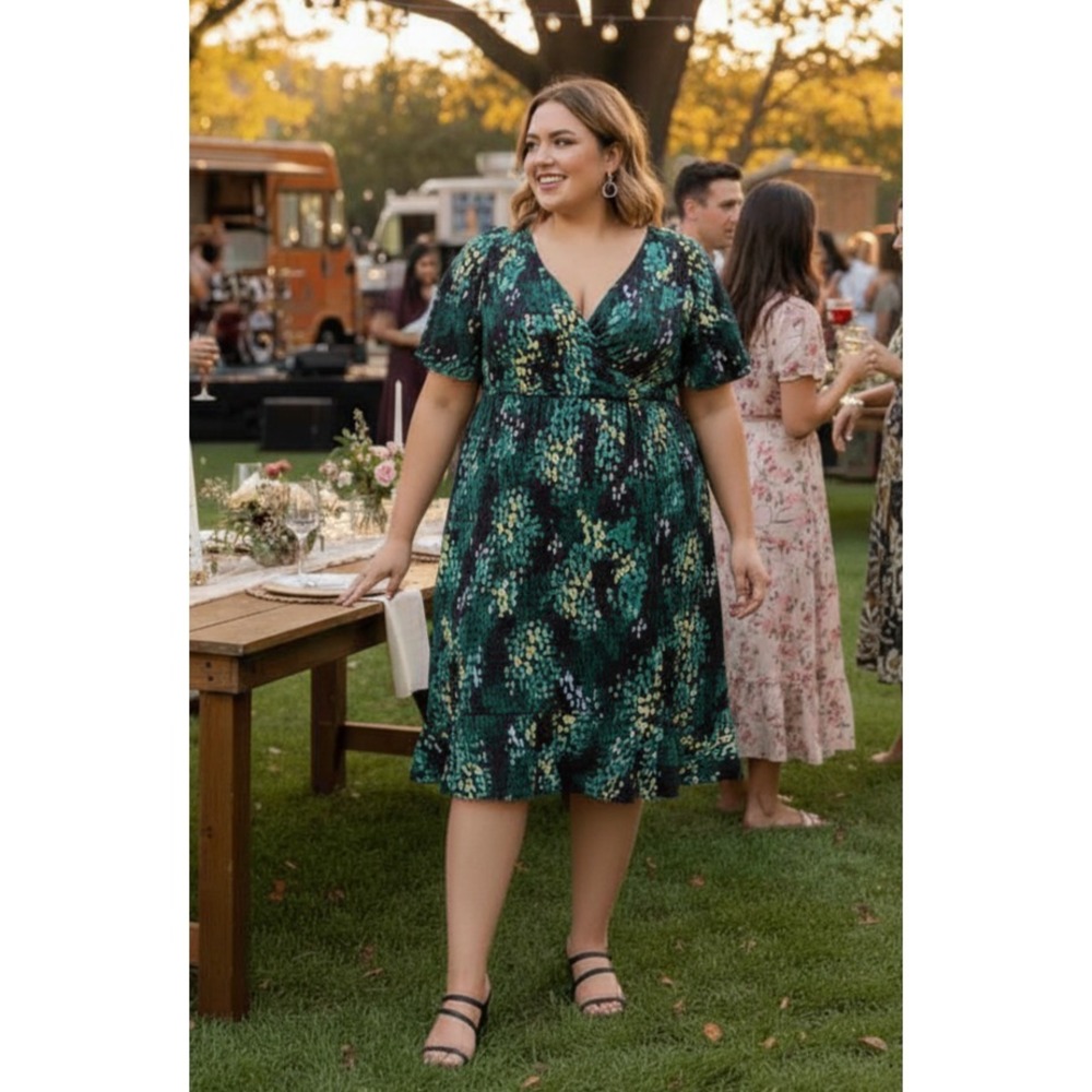 Torrid Midi Bubble Charm Flutter Sleeve Wrap Dress Womens 2X Dot Floral Surplice